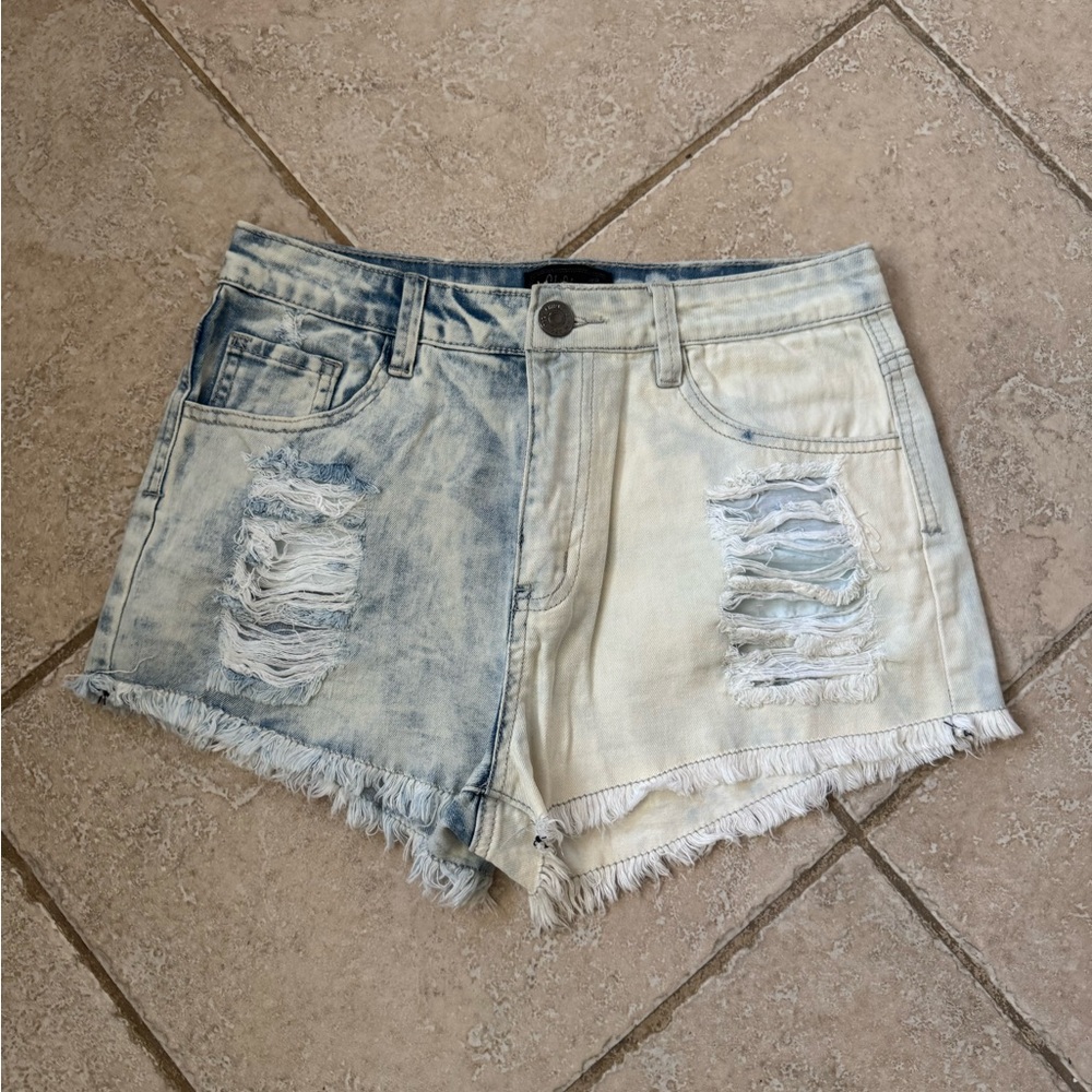 Chipie Blue and White Jean Shorts with Distressed Look and Cut-Off Hem
